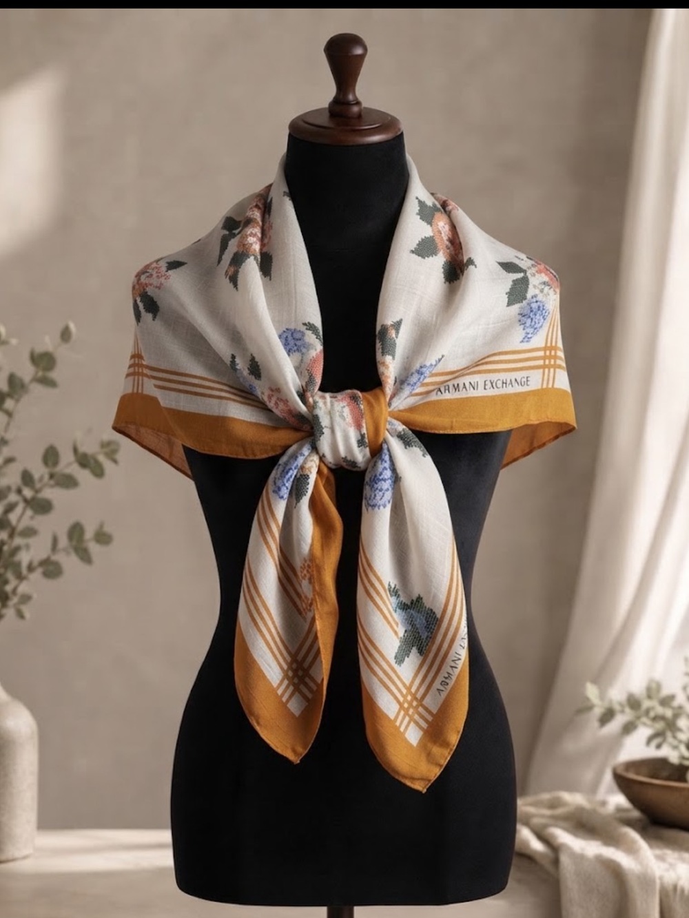 Armani Exchange Lightweight Floral Scarf White Orange Blue Cross Stitch Print